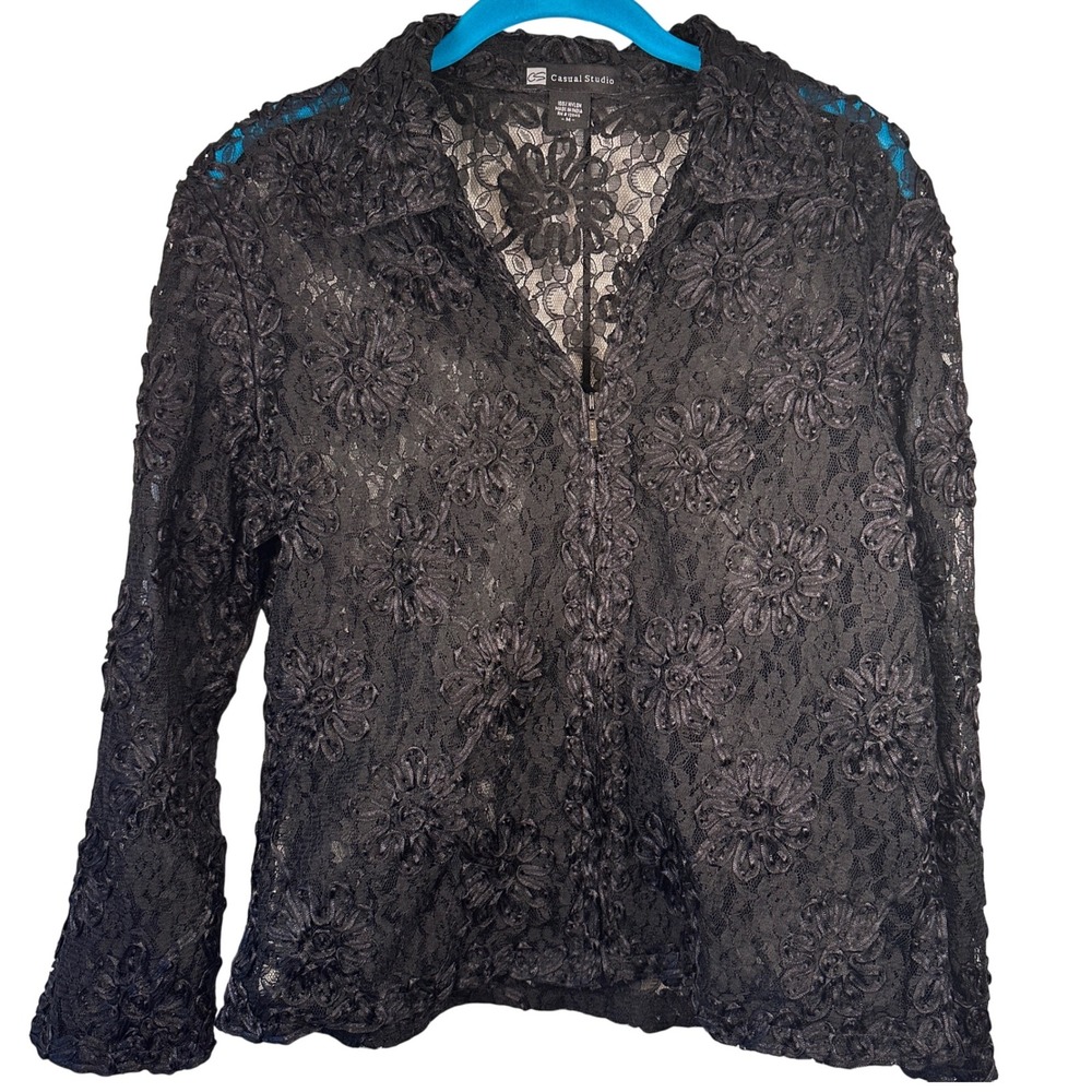 Vintage Black Floral Lace Zipper Shirt Jacket Top Whimsygoth witchy‎ Womens M